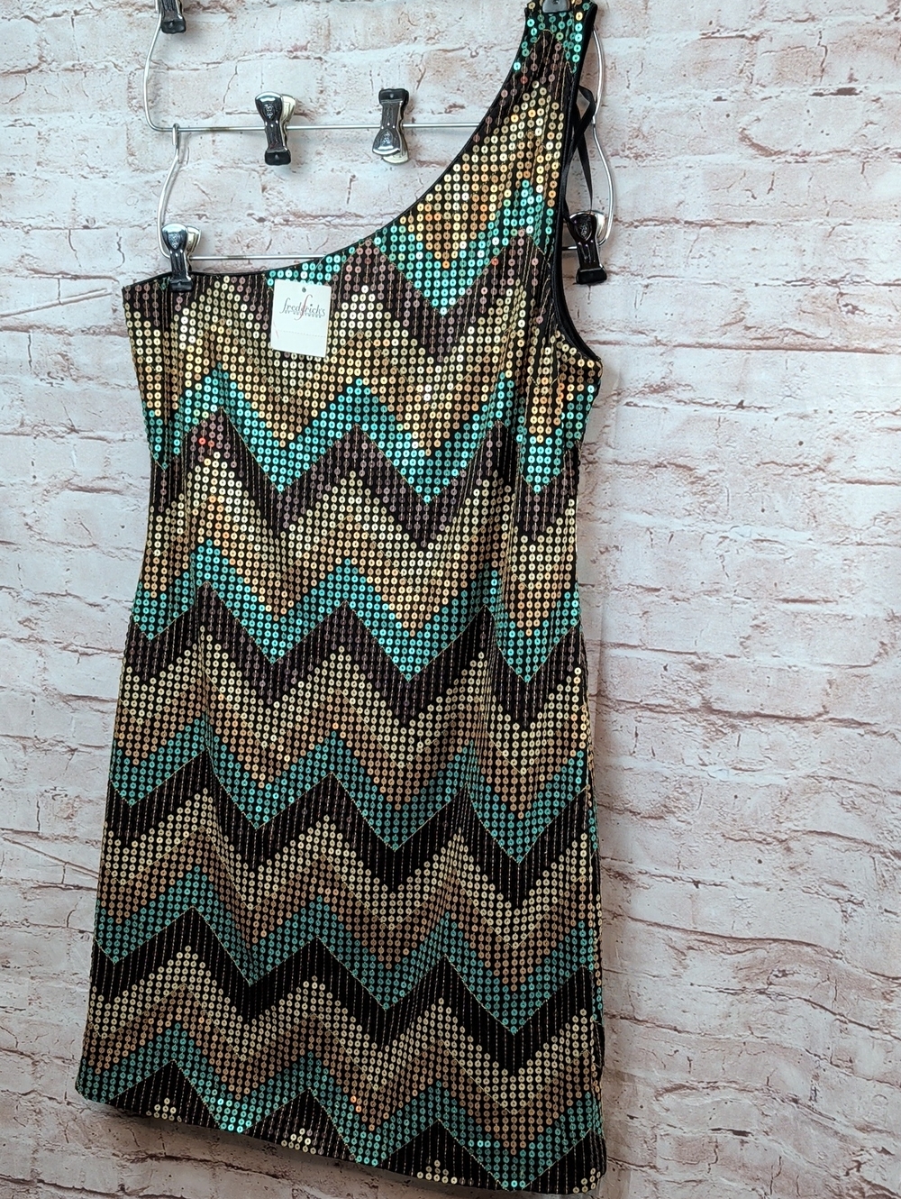 One-Shoulder Sequin Chevron Dress - Teal & Gold Fredericks XL New Nwt